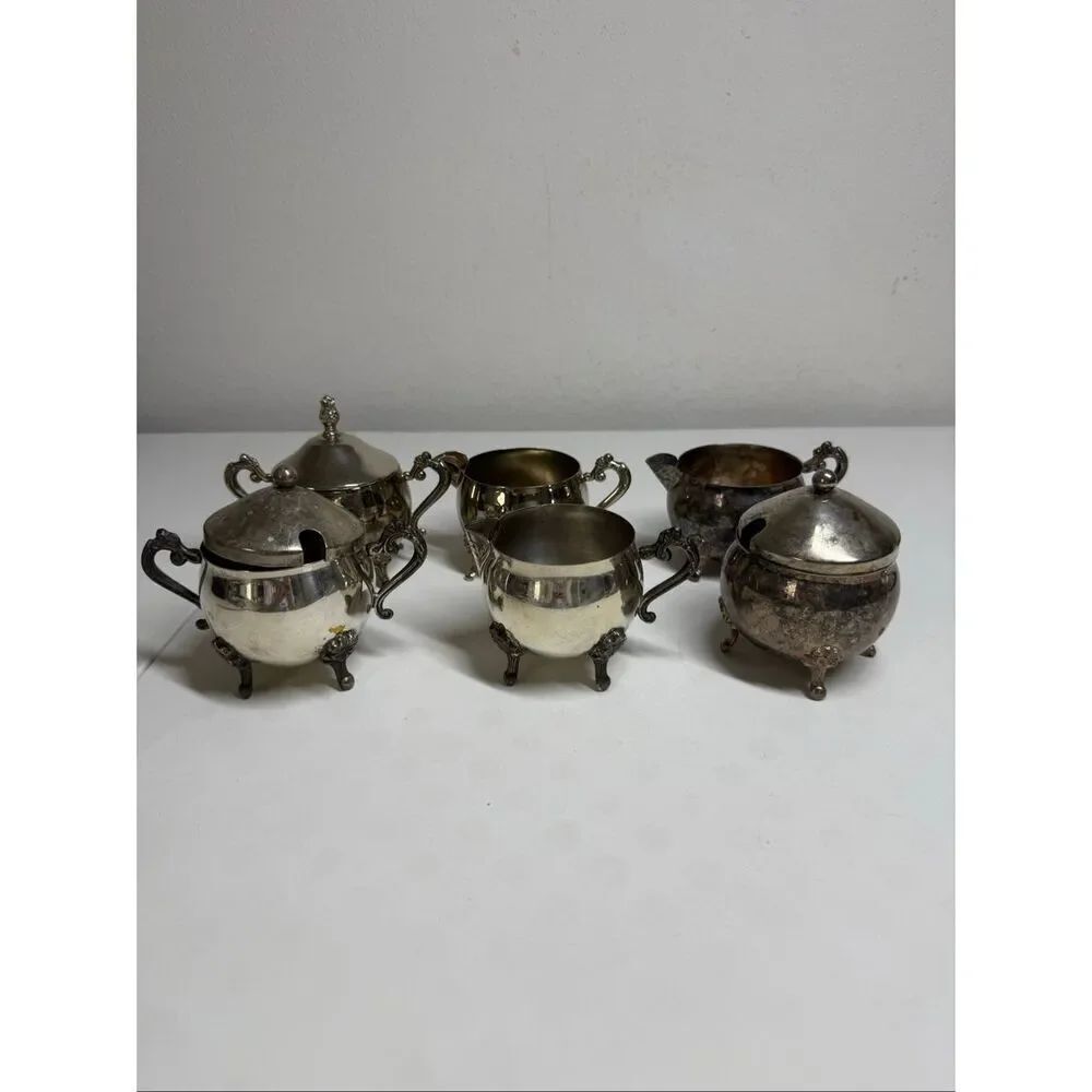 Vintage 6 pcs Set Silverplated Cream /Sugar Victorian Rose Design See Notes